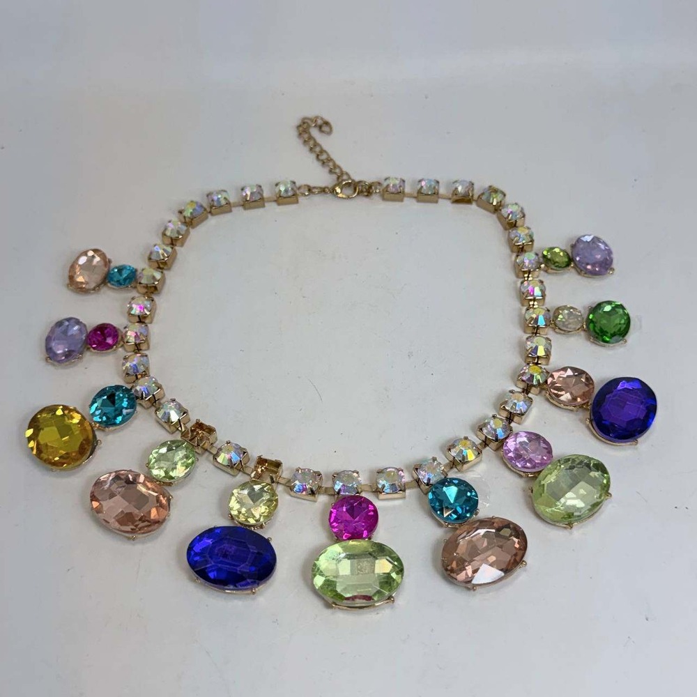 Multi Color Oversized Crystal Statement Necklace Gold Tone Bib Collar AB Accents